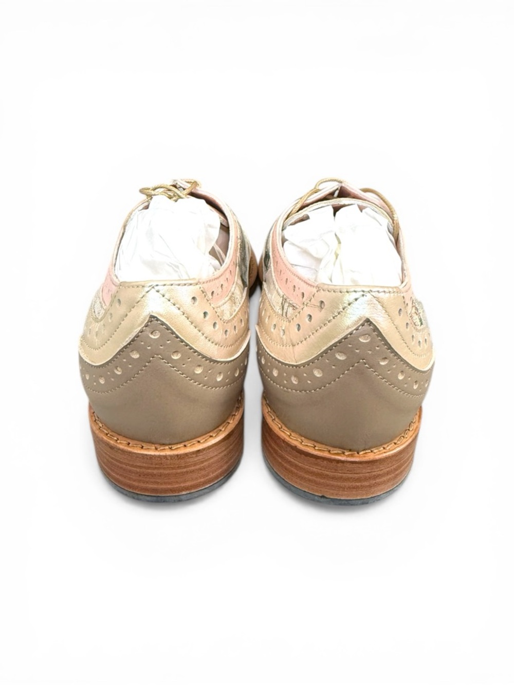 Floral Panel Leather Wingtip Loafers in Beige & Gold - Picture 6 of 11